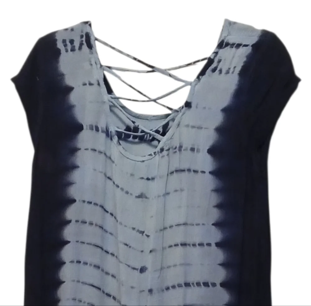 Blue Island - NWOT Hi/Lo Tie-Dye Beach Dress W/Crochet Fringe, Criss Cross Back - Picture 7 of 8